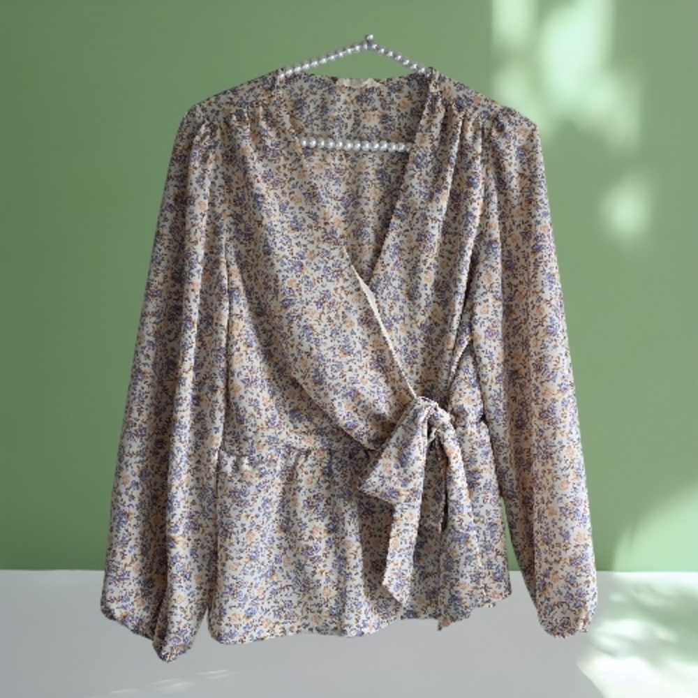 Vanilla Bay Floral Wrap Blouse - Cream and Blue